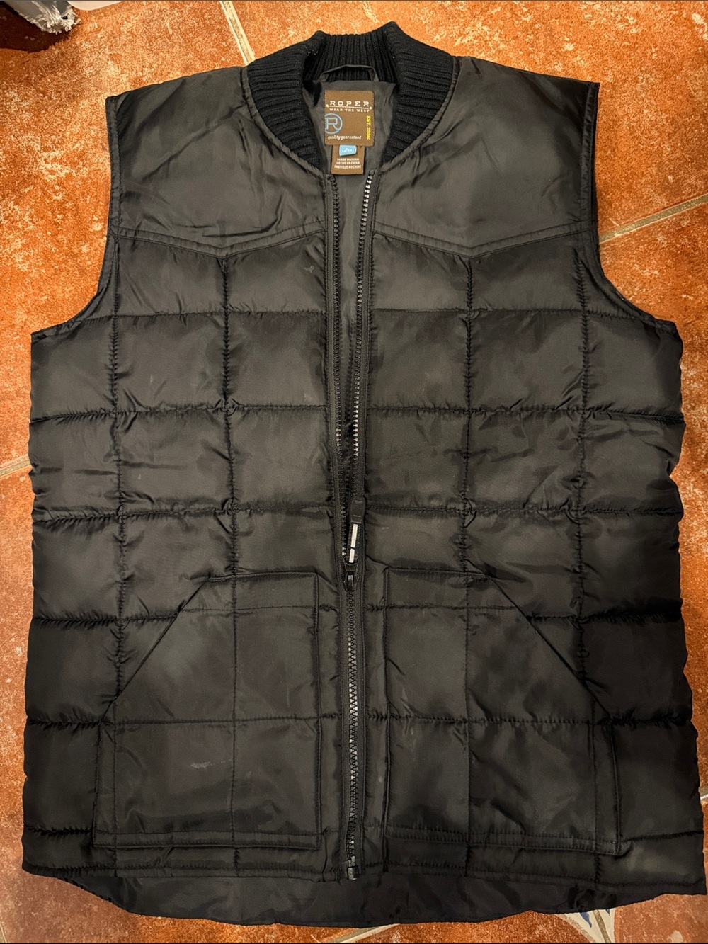Roper Boys Youth Black Quilted Puffer Vest with Ribbed Collar SZ Large 12/14